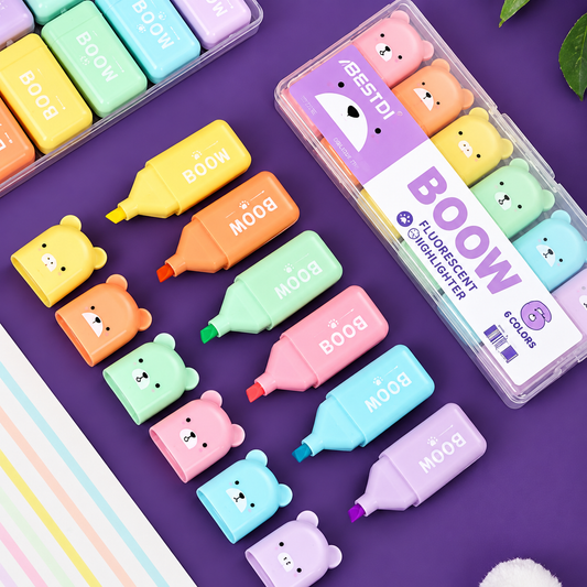 ✨ 6Pcs Cartoon Macaron Highlighter Markers – Vibrant Colors & Oblique Tips ✨