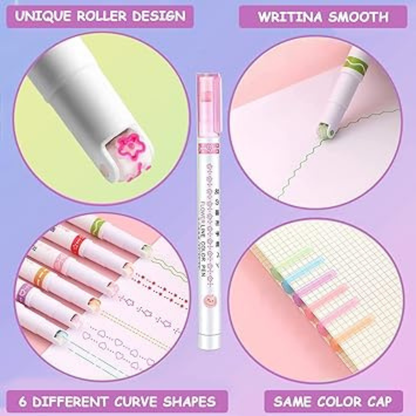 6Pcs Curve Shape Highlighter Pens – Vibrant Colors, Fine Tips for Writing & Journaling