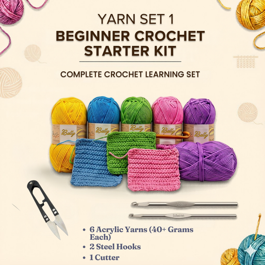 Beginner Crochet Starter Kit – 6 colorful acrylic yarns, 2 steel hooks and 1 cutter